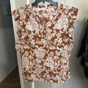 Wonderly Women’s Brown and White Sleeveless Floral Button Down Blouse size XL